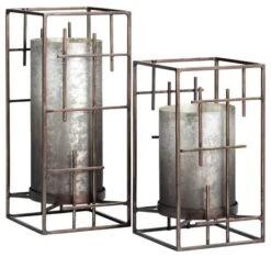 Crestview Collection Plaid 2-Piece Silver Hurricanes Candleholder Set