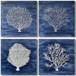 Crestview Collection Four Corals 4-Piece Blue/Off-White Wall Art Set